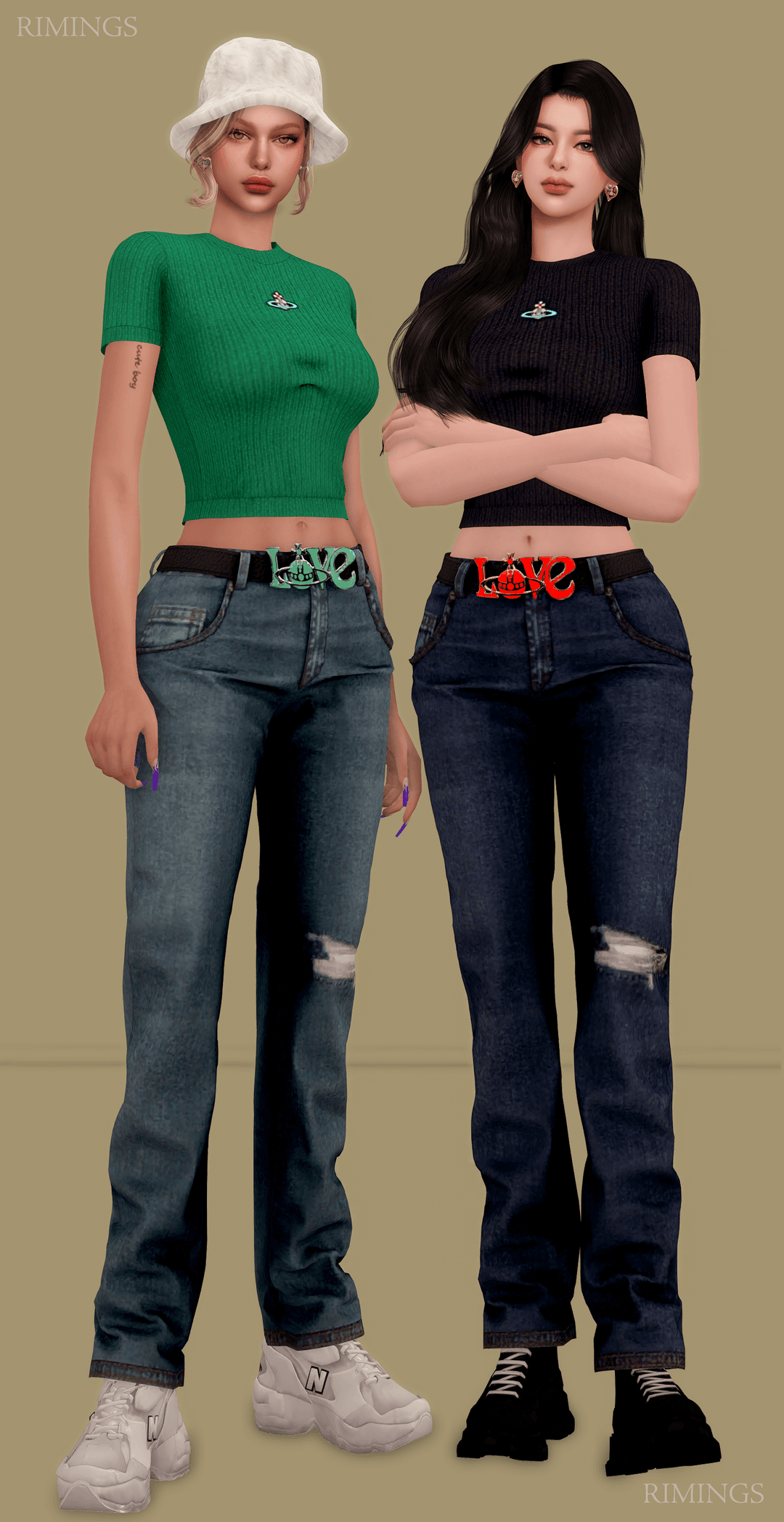 Галерея мода Сет одежды Ribbed Knit Top & Love Belt & Boyfriend Jeans #2